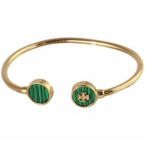 TORY BURCH KIRA SEMIPRECIOUS GREEN MALACHITE OPEN CUFF BRACELET 18K GOLD…
